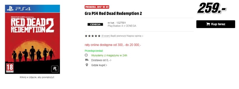 Data premiery Red Dead Redemption 2 na MediaMarkt.pl