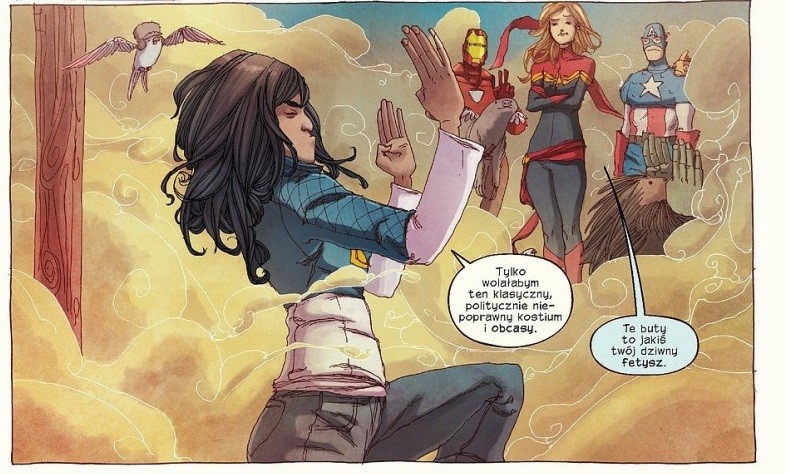 Kamala Khan na pierwszym planie, w tle Iron Man, Ms. Marvel i Kapitan Ameryka